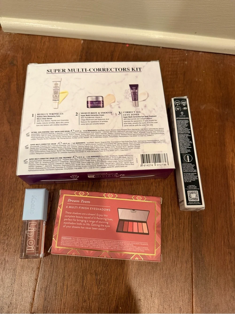 Kiehl's correctors mini kit, euphoria mascara, Laura Geller shadow, kosas lip